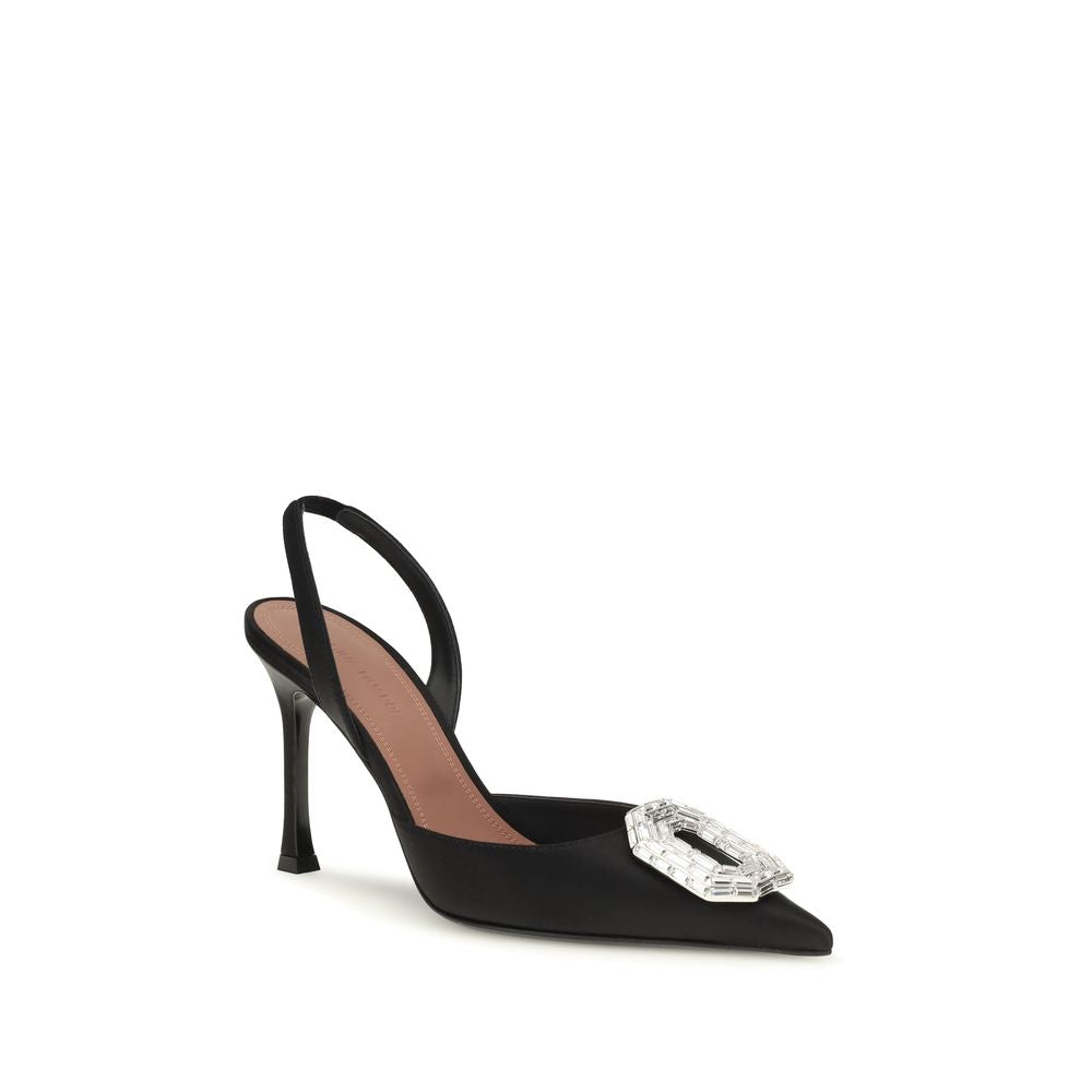 Amina Muaddi Black Satin Slingback Pumps