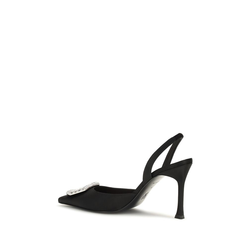 Amina Muaddi Black Satin Slingback Pumps
