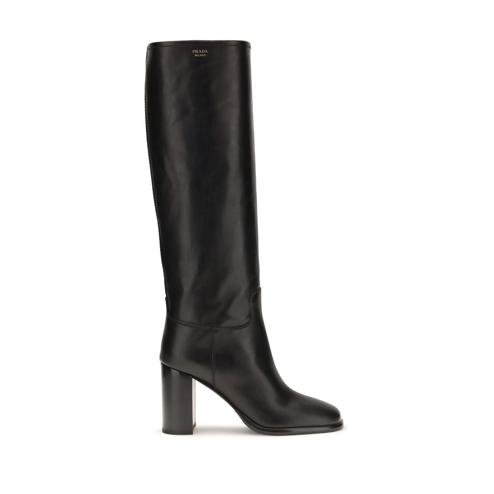 Prada Black Calf Leather High Heel Boots