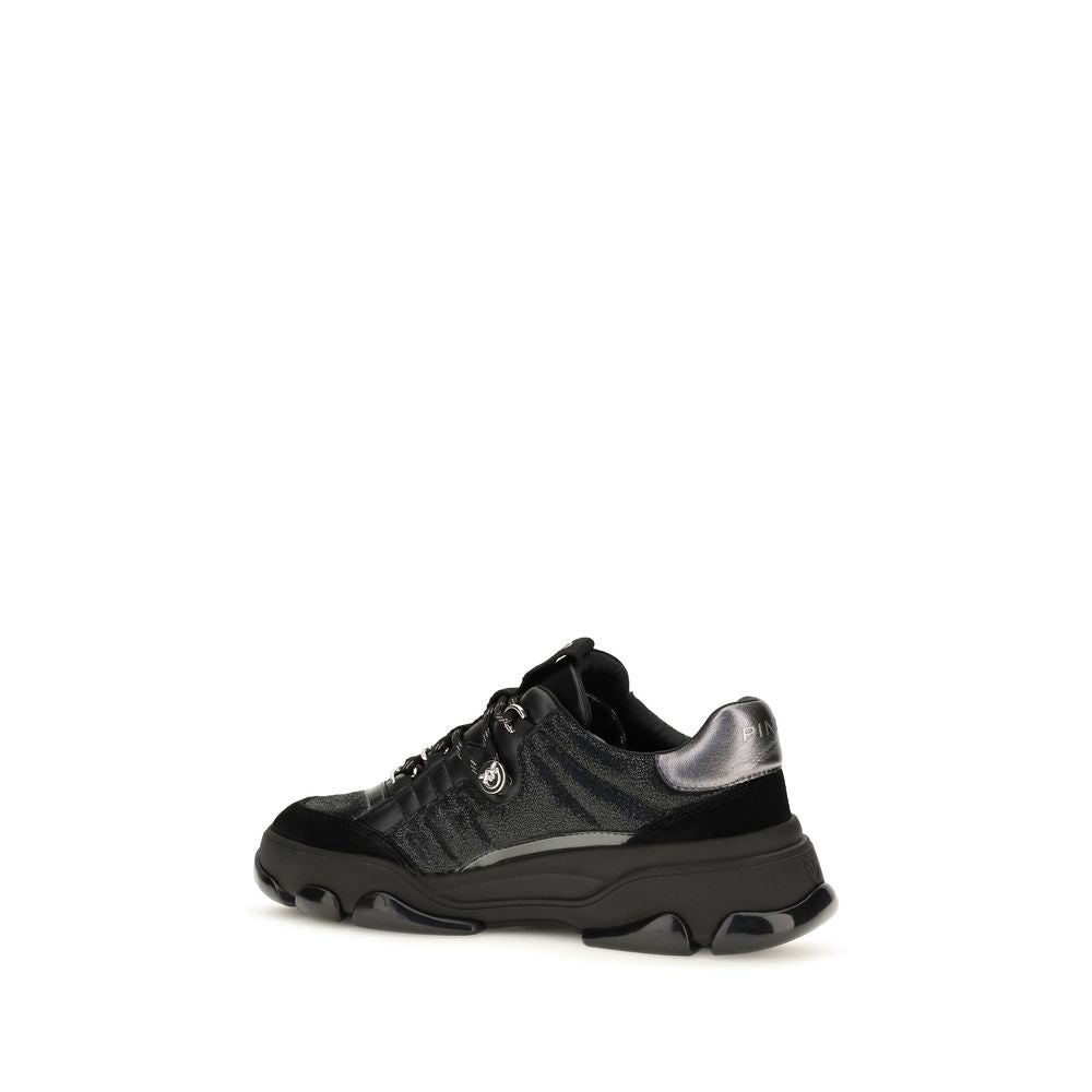 PINKO Black Calf Leather Suede Chunky Sneakers