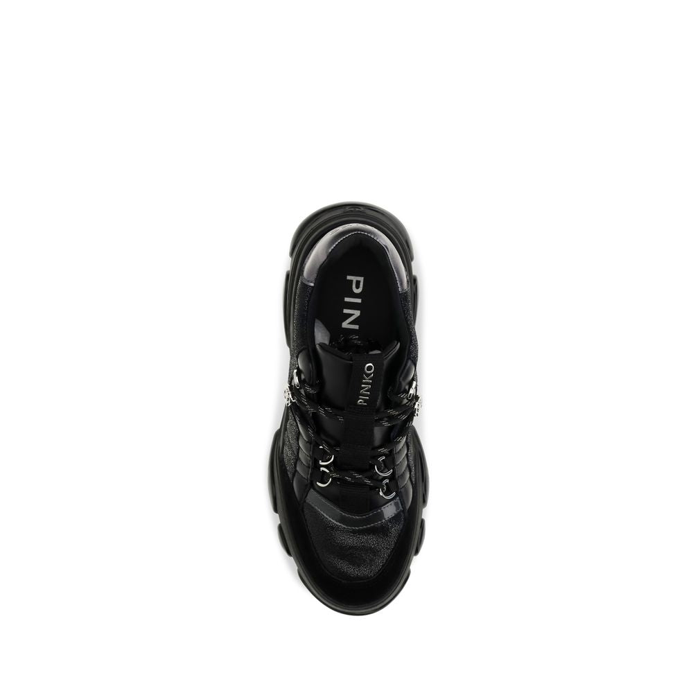 PINKO Black Calf Leather Suede Chunky Sneakers