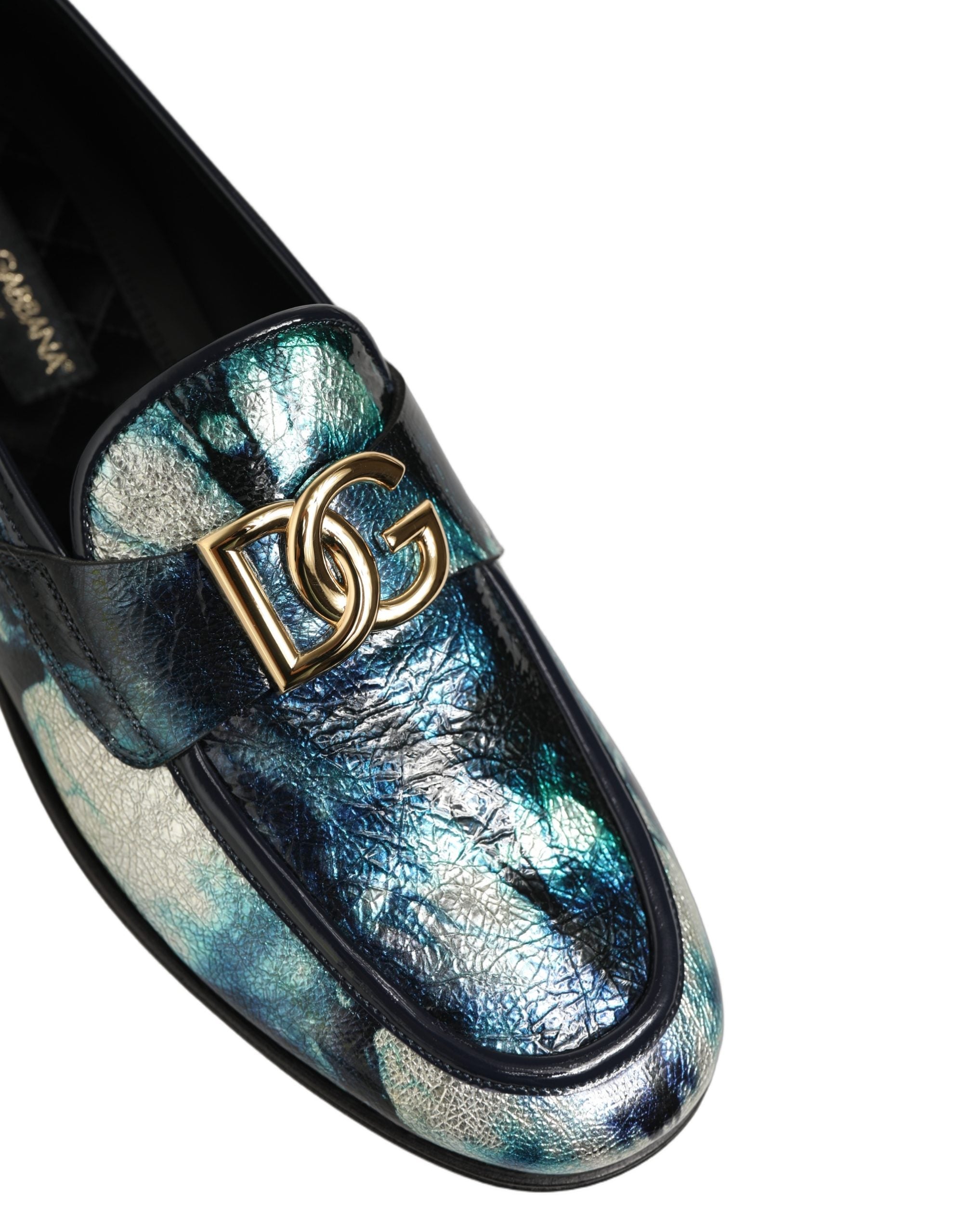Dolce & Gabbana Metallic Blue Silver Calf Leather Loafers