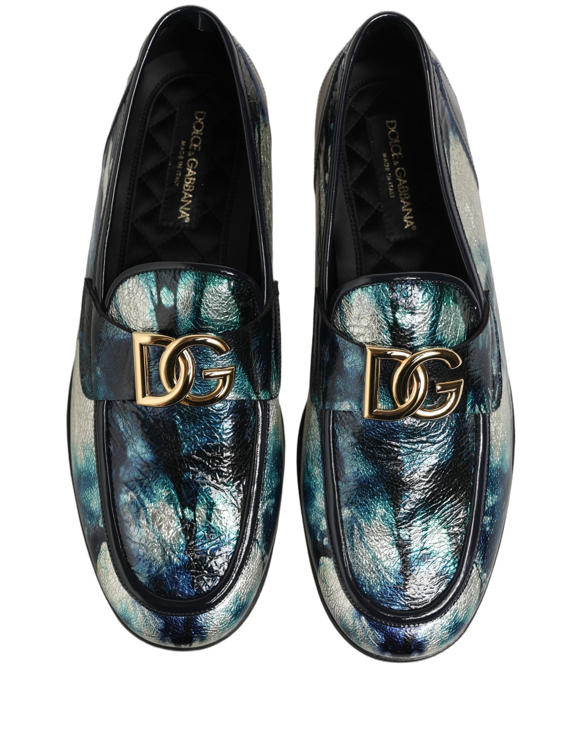 Dolce & Gabbana Metallic Blue Silver Calf Leather Loafers