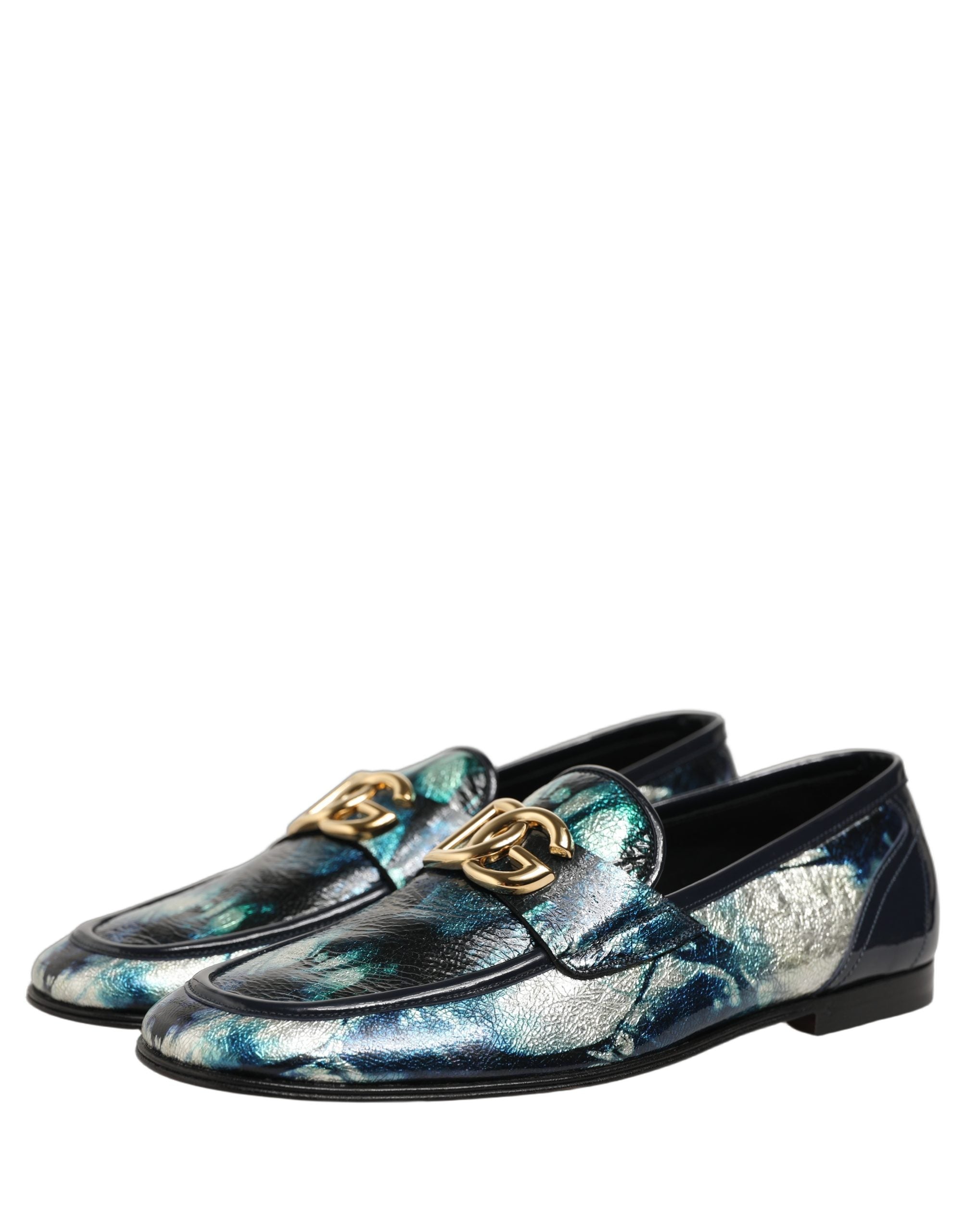 Dolce & Gabbana Metallic Blue Silver Calf Leather Loafers