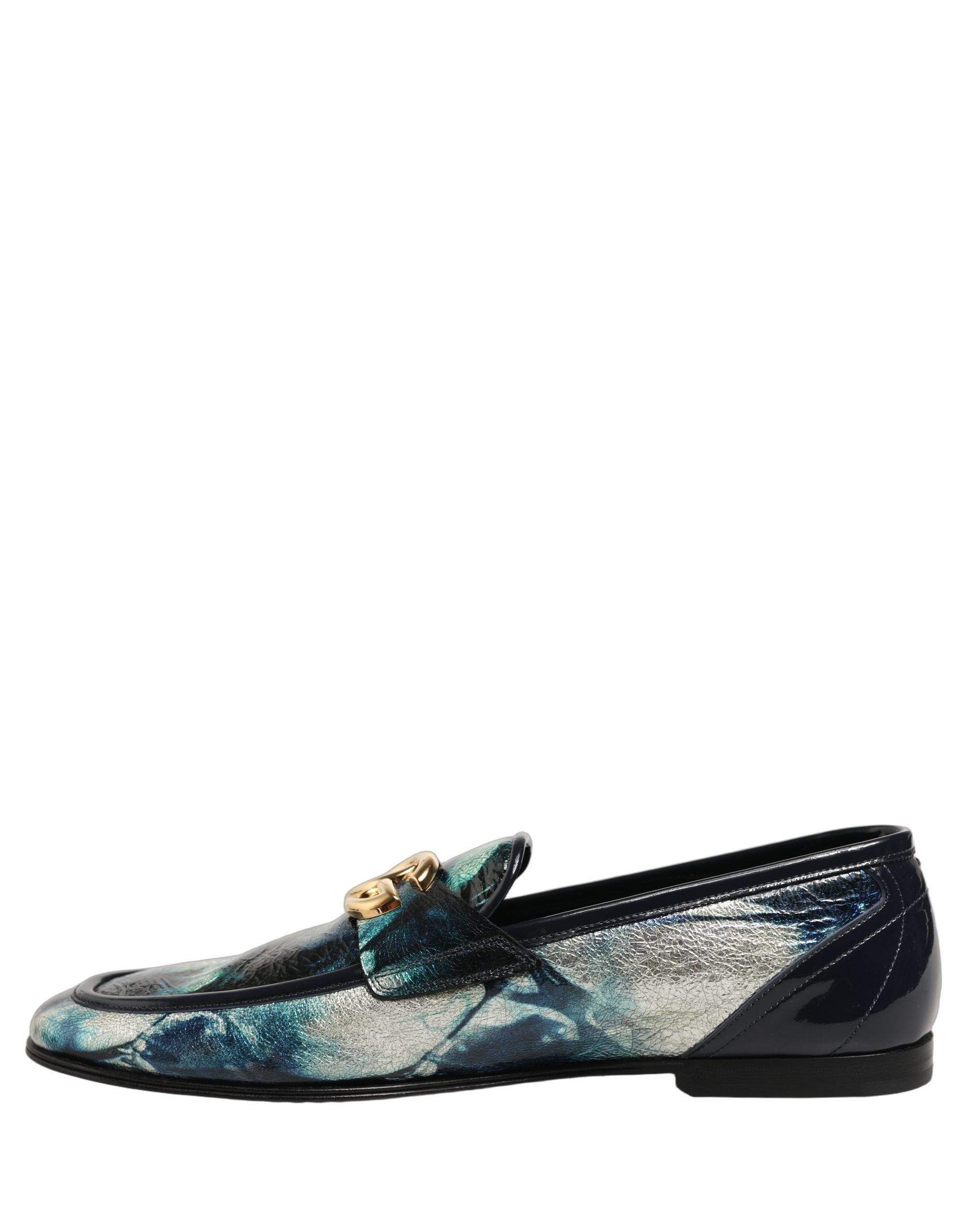 Dolce & Gabbana Metallic Blue Silver Calf Leather Loafers