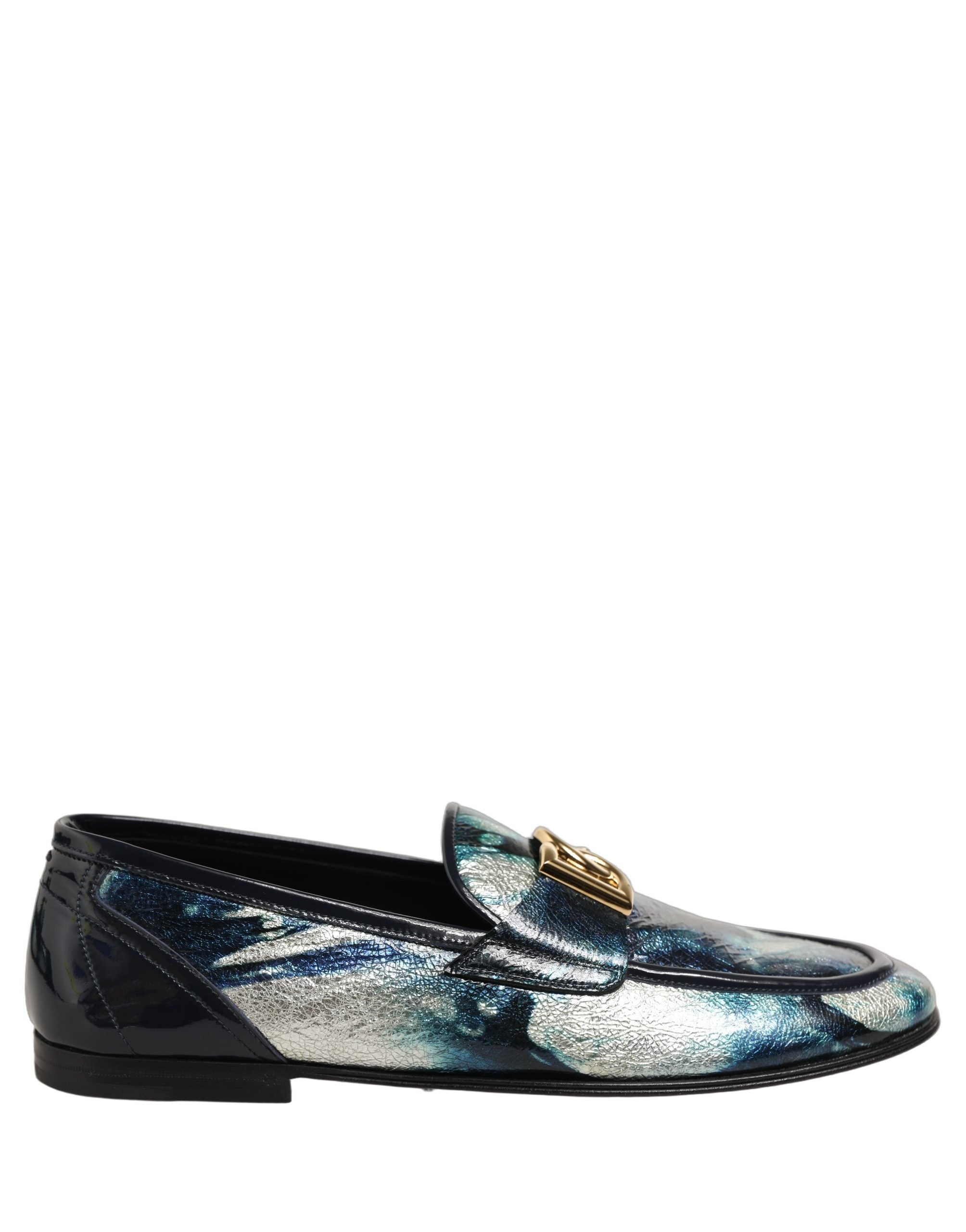 Dolce & Gabbana Metallic Blue Silver Calf Leather Loafers
