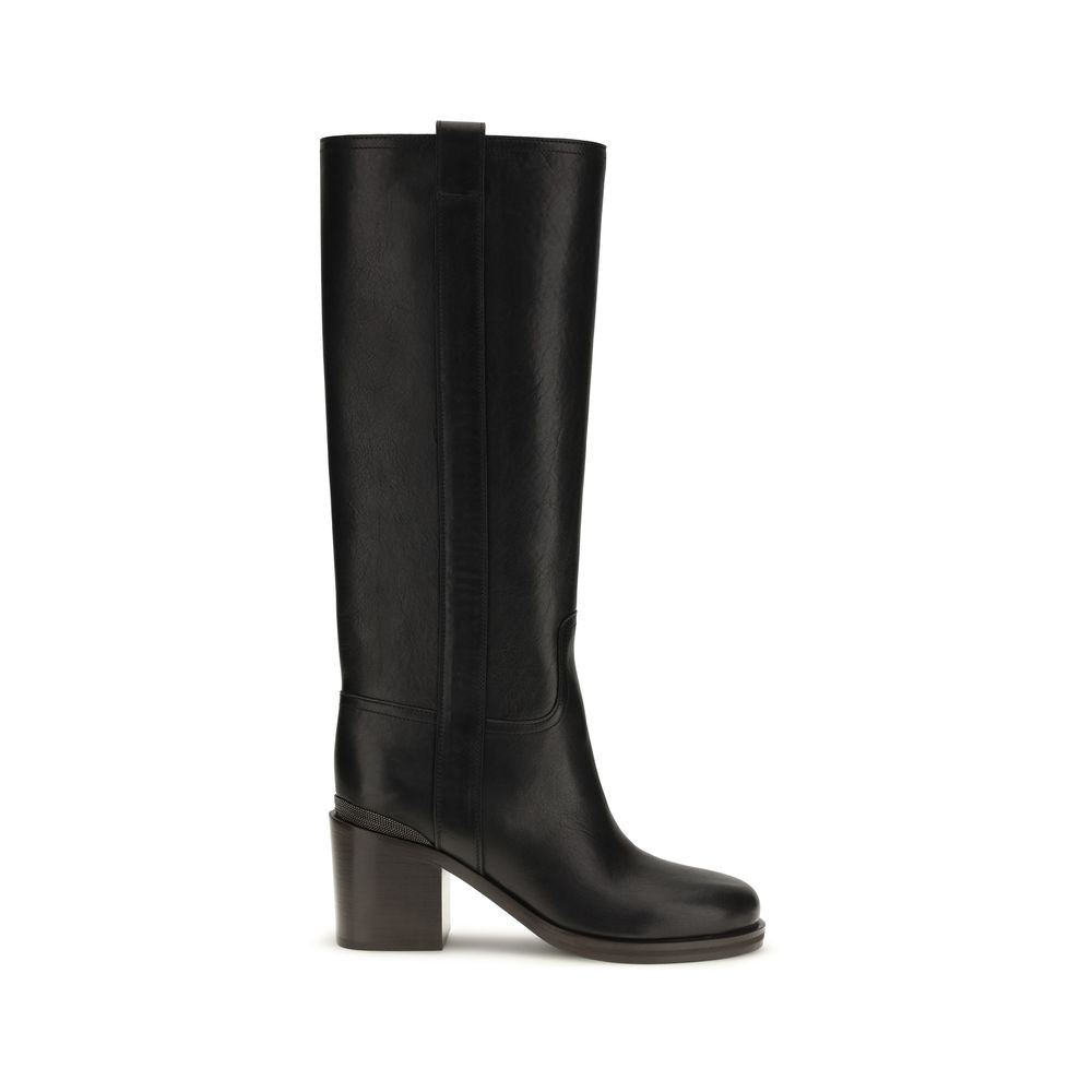 Brunello Cucinelli Black Calf Leather High Heel Boots