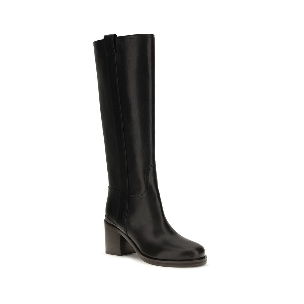 Brunello Cucinelli Black Calf Leather High Heel Boots
