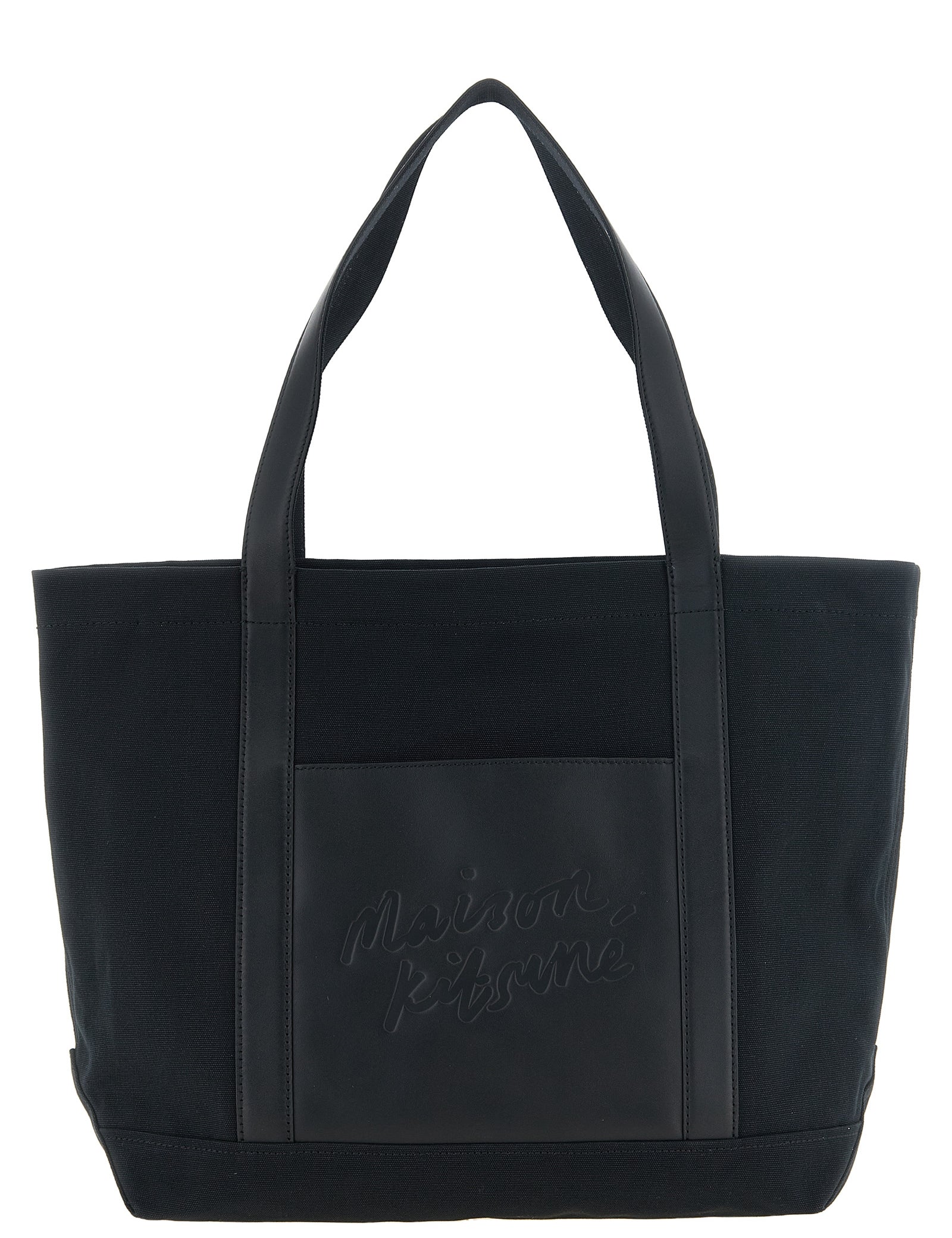 Maison Kitsuné Black Cotton Canvas and Leather Tote Bag
