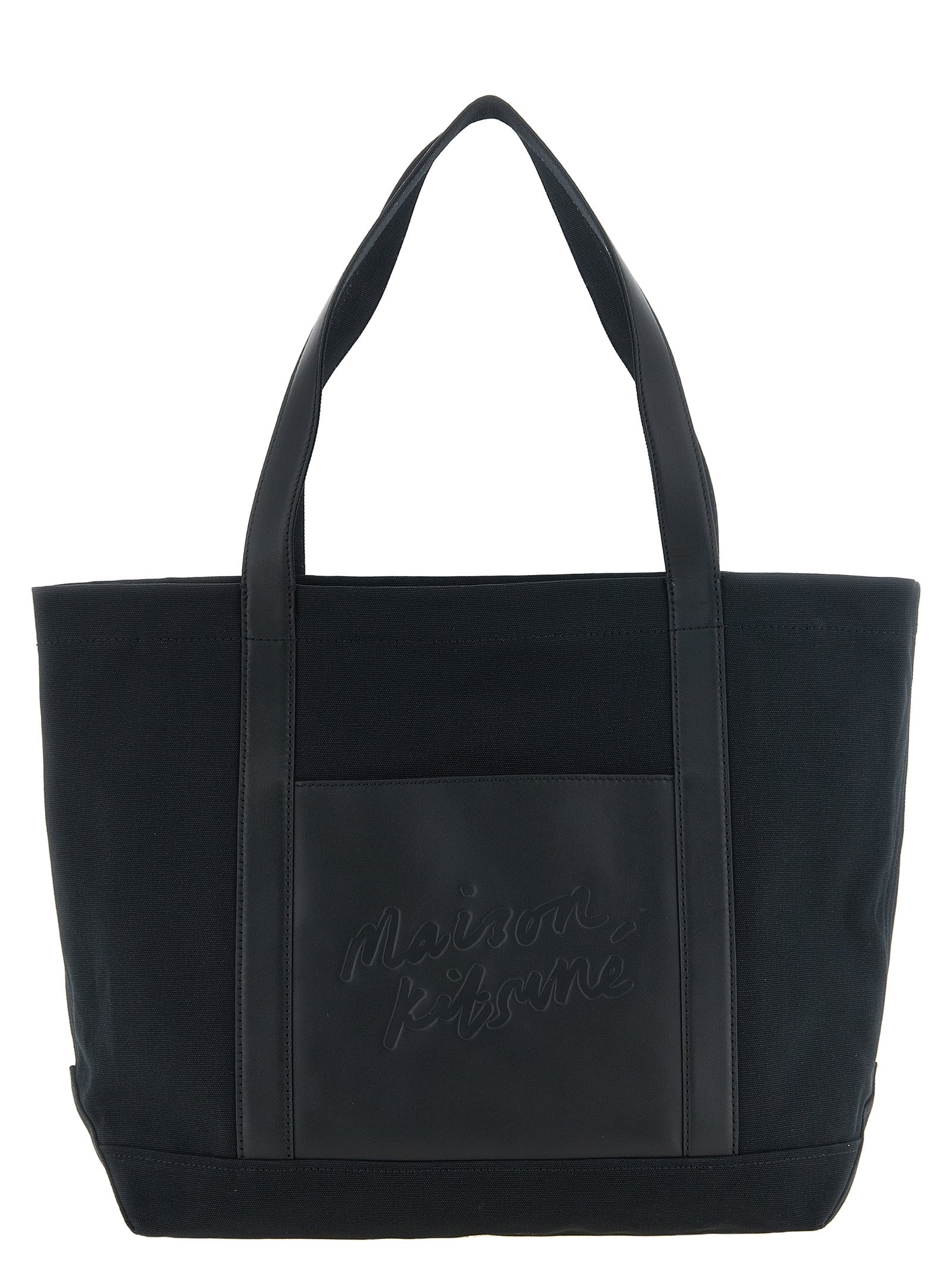 Maison Kitsuné Black Cotton Canvas and Leather Tote Bag