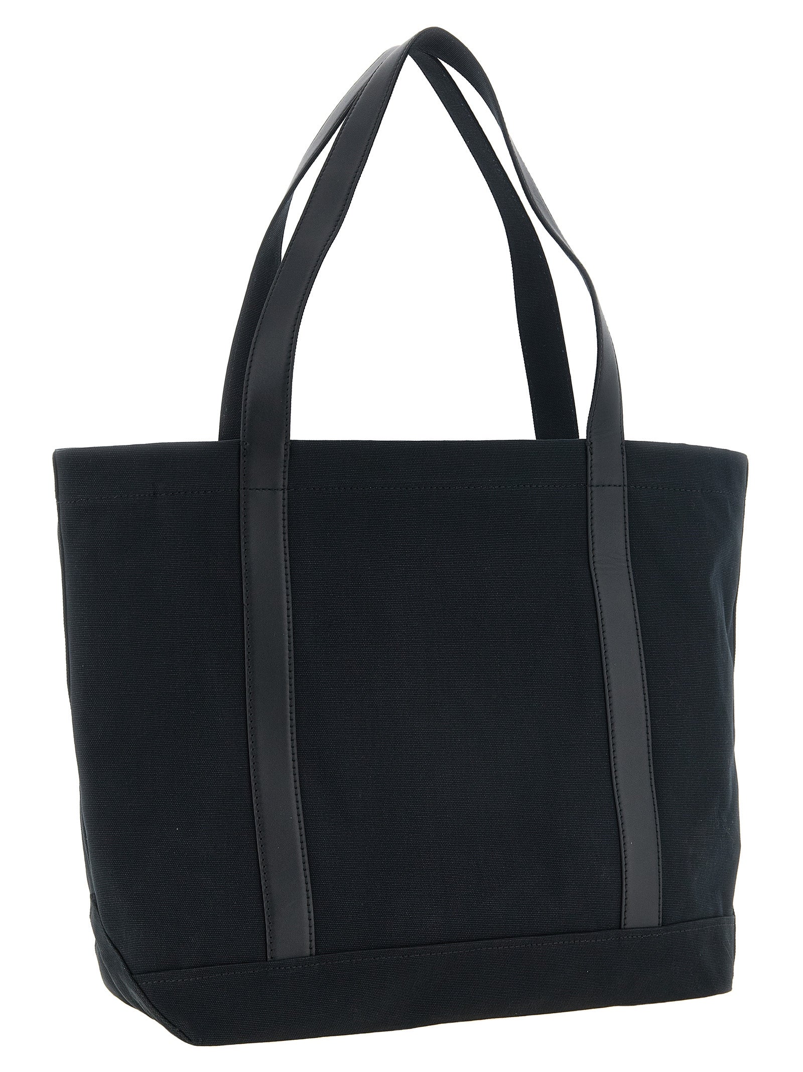 Maison Kitsuné Black Cotton Canvas and Leather Tote Bag