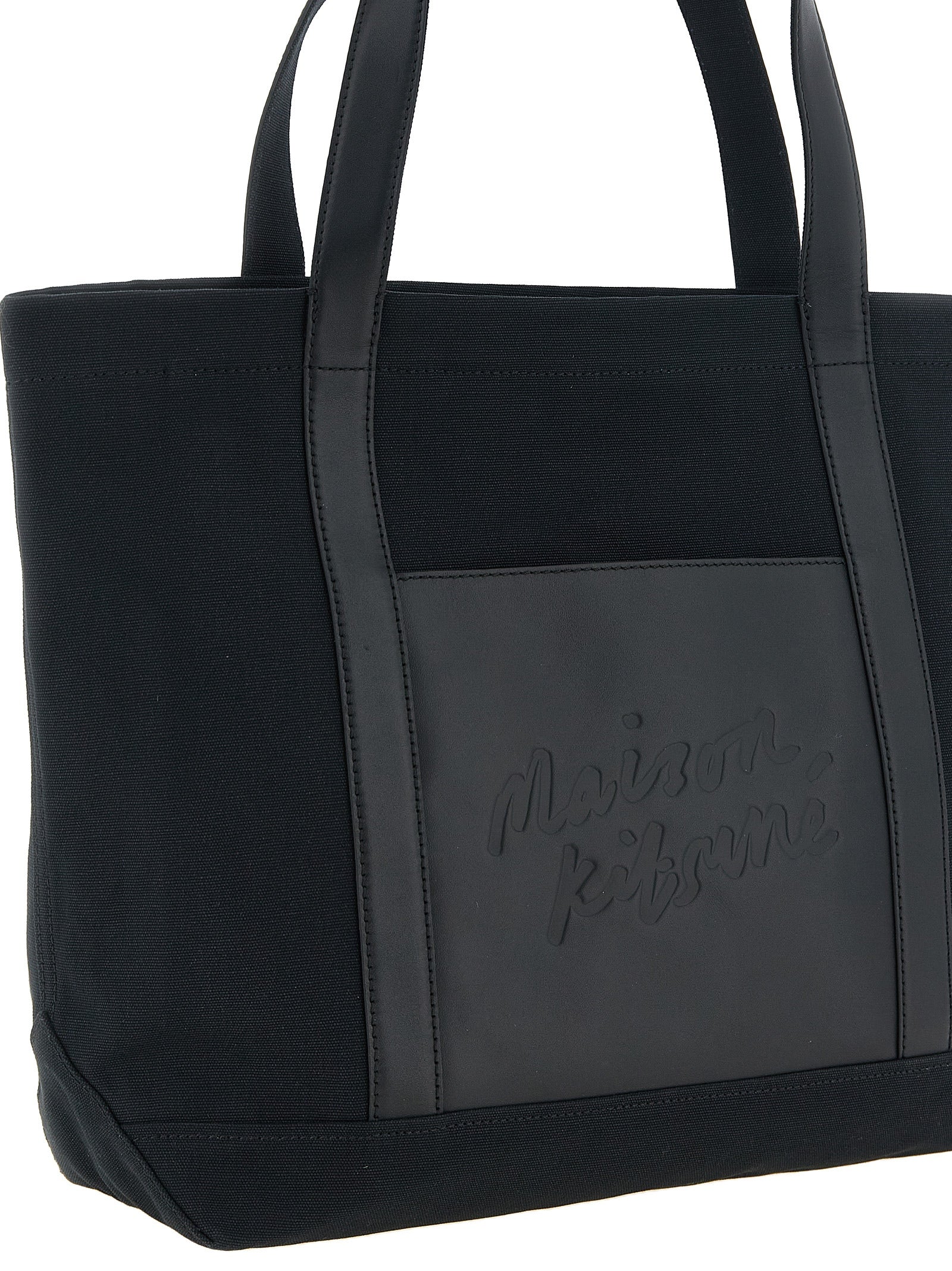 Maison Kitsuné Black Cotton Canvas and Leather Tote Bag
