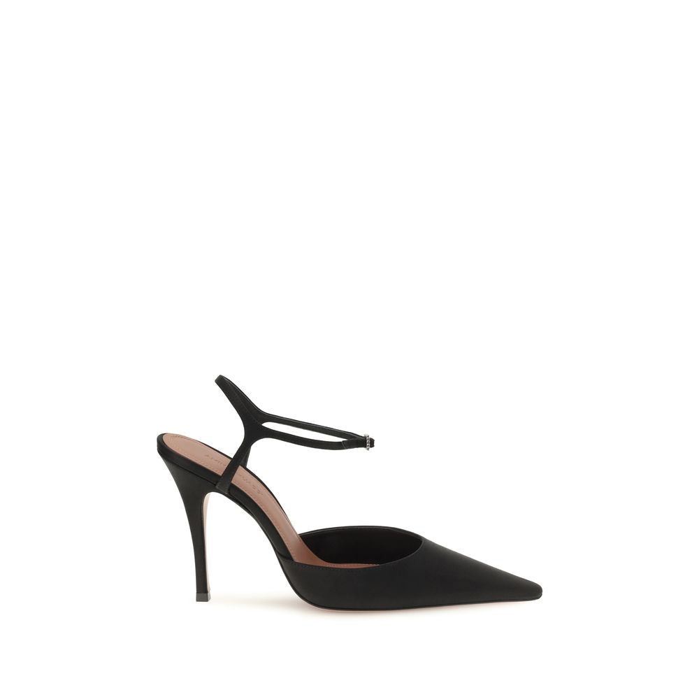 Amina Muaddi Black Satin Slingback Pumps
