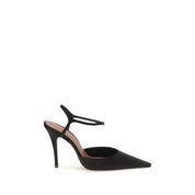 Amina Muaddi Black Satin Slingback Pumps