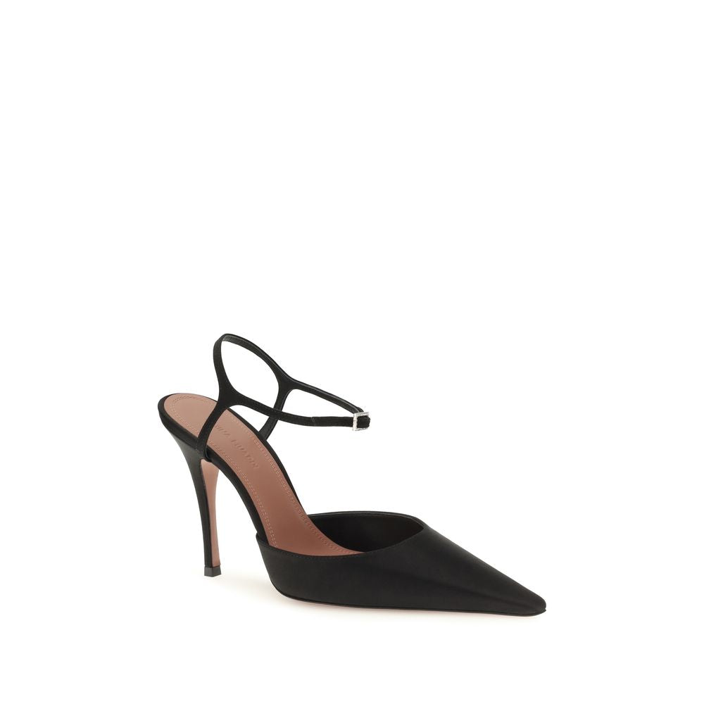 Amina Muaddi Black Satin Slingback Pumps