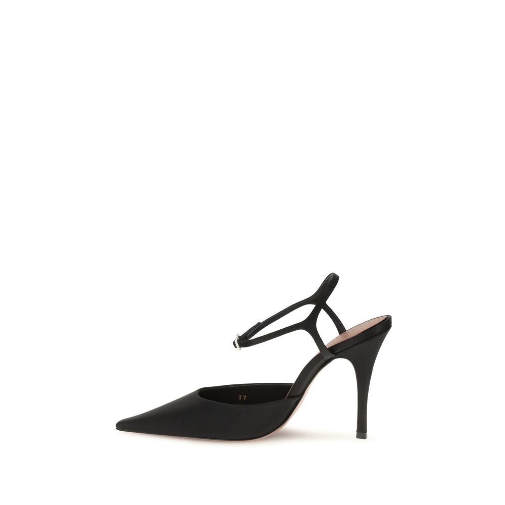 Amina Muaddi Black Satin Slingback Pumps