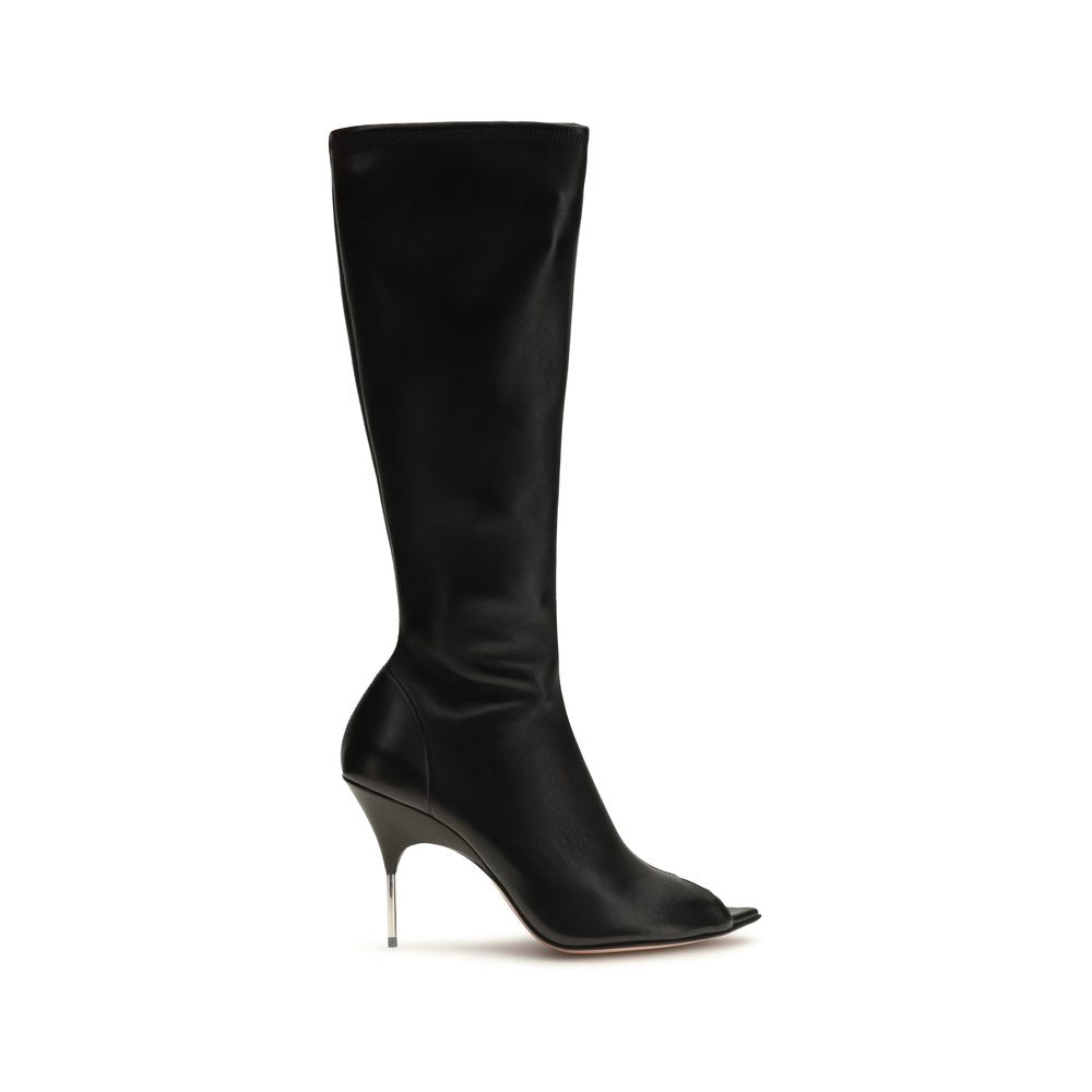 Amina Muaddi Black Napa Leather High Heel Boots