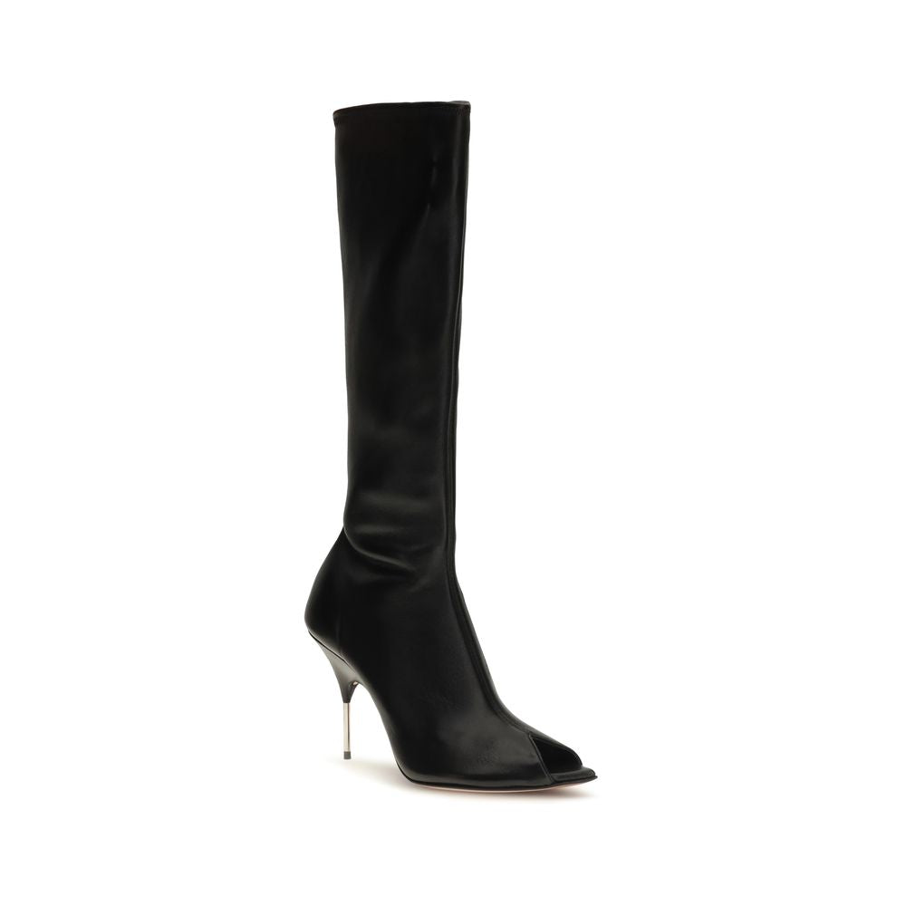 Amina Muaddi Black Napa Leather High Heel Boots