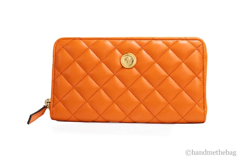 Versace Dark Orange Smooth Leather Continental Clutch Zip Wallet