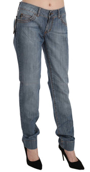 Blue Washed Cotton Low Waist Slim Fit Denim Pants