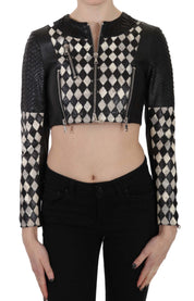 Black White Leather Short Cropped Biker Jacket Coat