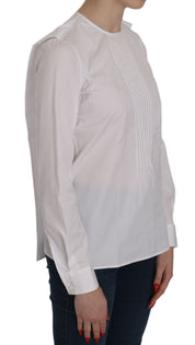 White Crew Neck Long Sleeve Cotton Blouse