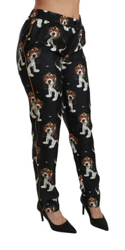 Black Puppy Dog Mid Waist Skinny Silk Pants