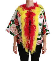 White Floral Coat Capte Fur Roses Jacket