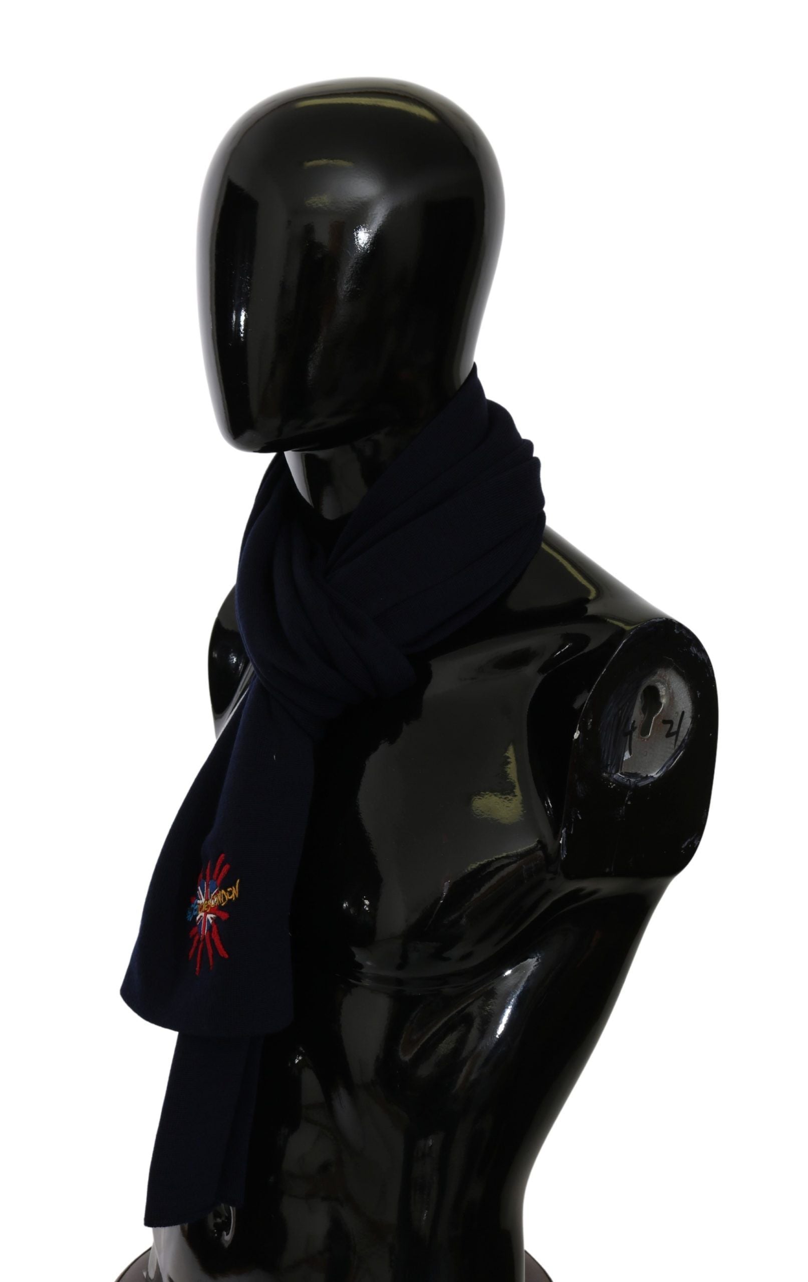 Blå ullhalsduk med broderad #DGLovesLondon-logotyp