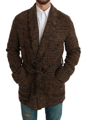 Brown Checkered Wool Robe Coat  Wrap Jacket