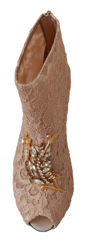 Pink Crystal Lace Booties Stilettos Shoes