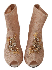 Pink Crystal Lace Booties Stilettos Shoes