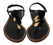 Black Leather Coins Flip Flops Sandals Shoes