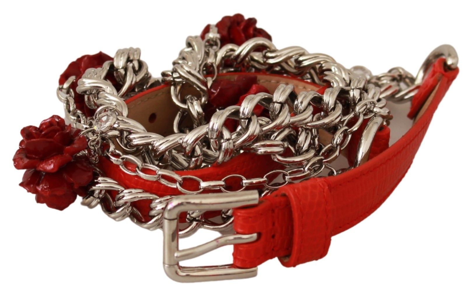 Dolce & Gabbana Red Leather Silver Waist Belt with Floral Roses
