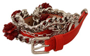 Dolce & Gabbana Red Leather Silver Waist Belt with Floral Roses