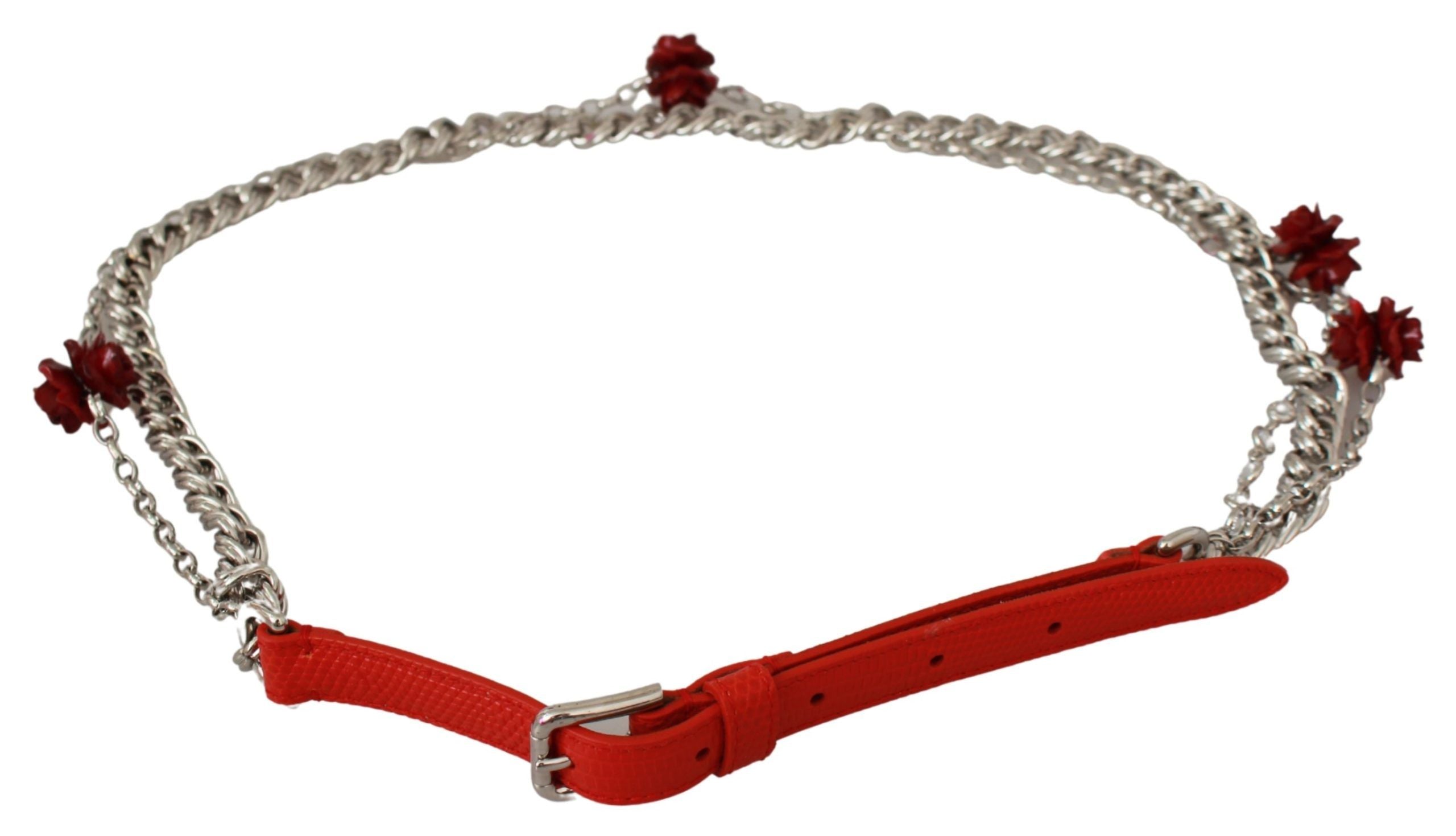 Dolce & Gabbana Red Leather Silver Waist Belt with Floral Roses