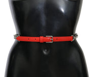 Dolce & Gabbana Red Leather Silver Waist Belt with Floral Roses