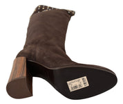 Brown Suede Studded Knee High Shoes Boots