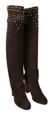 Brown Suede Studded Knee High Shoes Boots