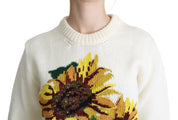 White Floral Wool Pullover Sunflower Sweater