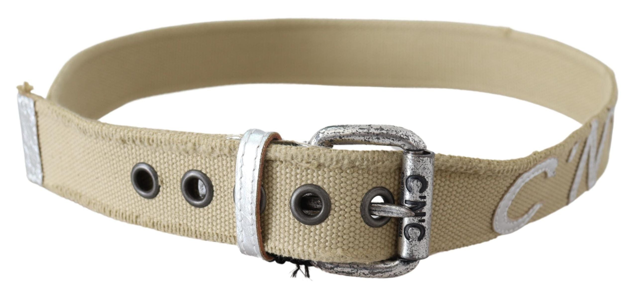 Bespänningsbälte i beige bomull med rustik logotyp