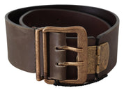 Brown Leather Wide Bronze Buckle Waist Belt