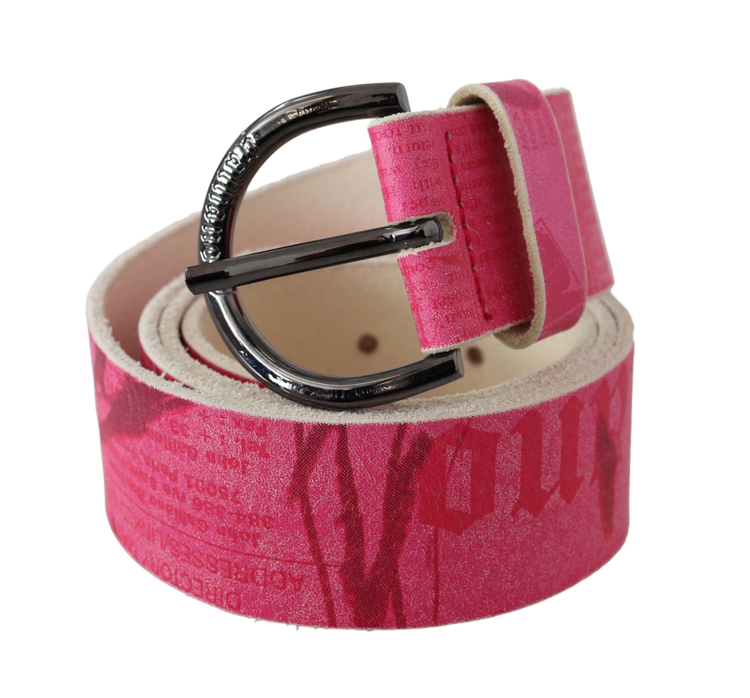 Rosa läderbälte med rund spänne och logodesign