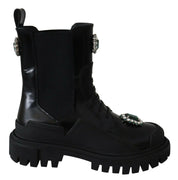 Black Leather Crystal Combat Boots
