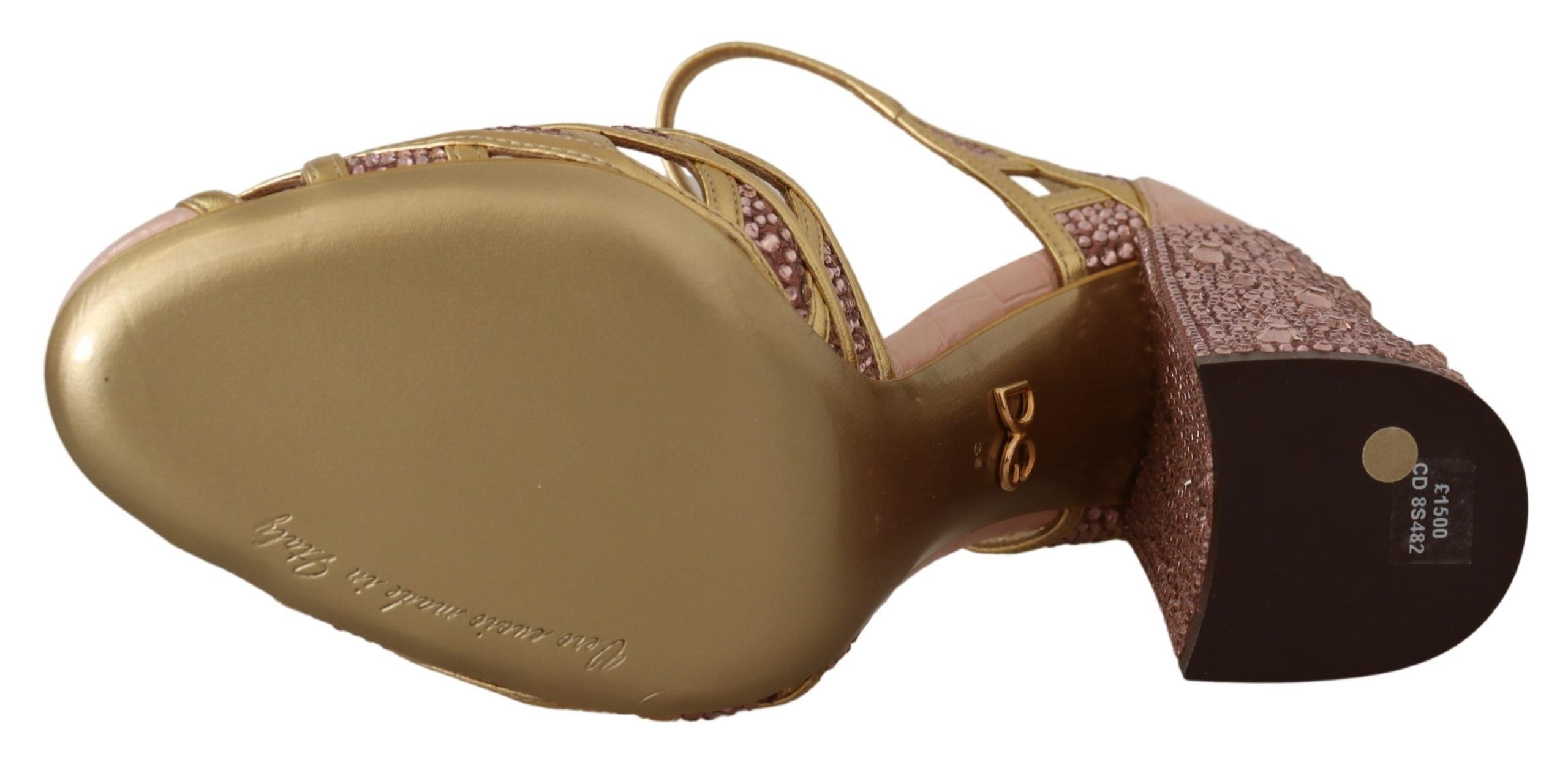 Rosa guldfärgade läderpumps med kristaller och T-rem