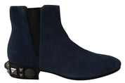 Blue Suede Embellished Studded Boots Shoes