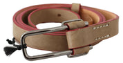 Beige Leather Silver Logo Buckle Waist Belt