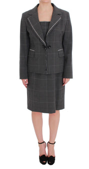 Gray Checkered Cotton Blazer Dress Set Suit