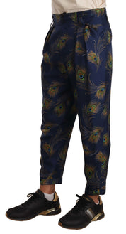Blue Peacock Print Tapered Trousers Silk Pants
