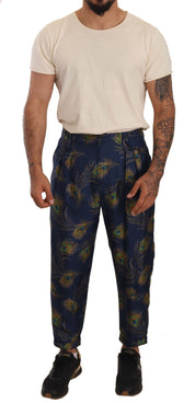 Blue Peacock Print Tapered Trousers Silk Pants